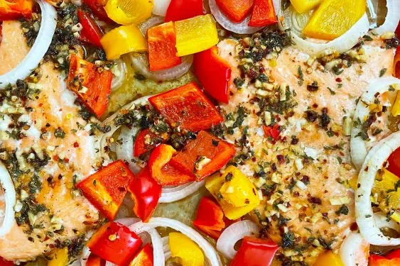 Sheet Pan Salmon with Bell Peppers & Garlic Infused Honey